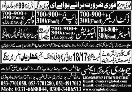 Plumber And Electrician Jobs In UAE 2023 – Chaudhry Recruiting Agency Jobs 2023 — original advertisement
