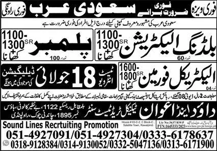 Plumber And Electrical Foreman Required In Saudi Arabia 2023 – Sound Lines Recruiting Promotion Jobs 2023 — original advertisement