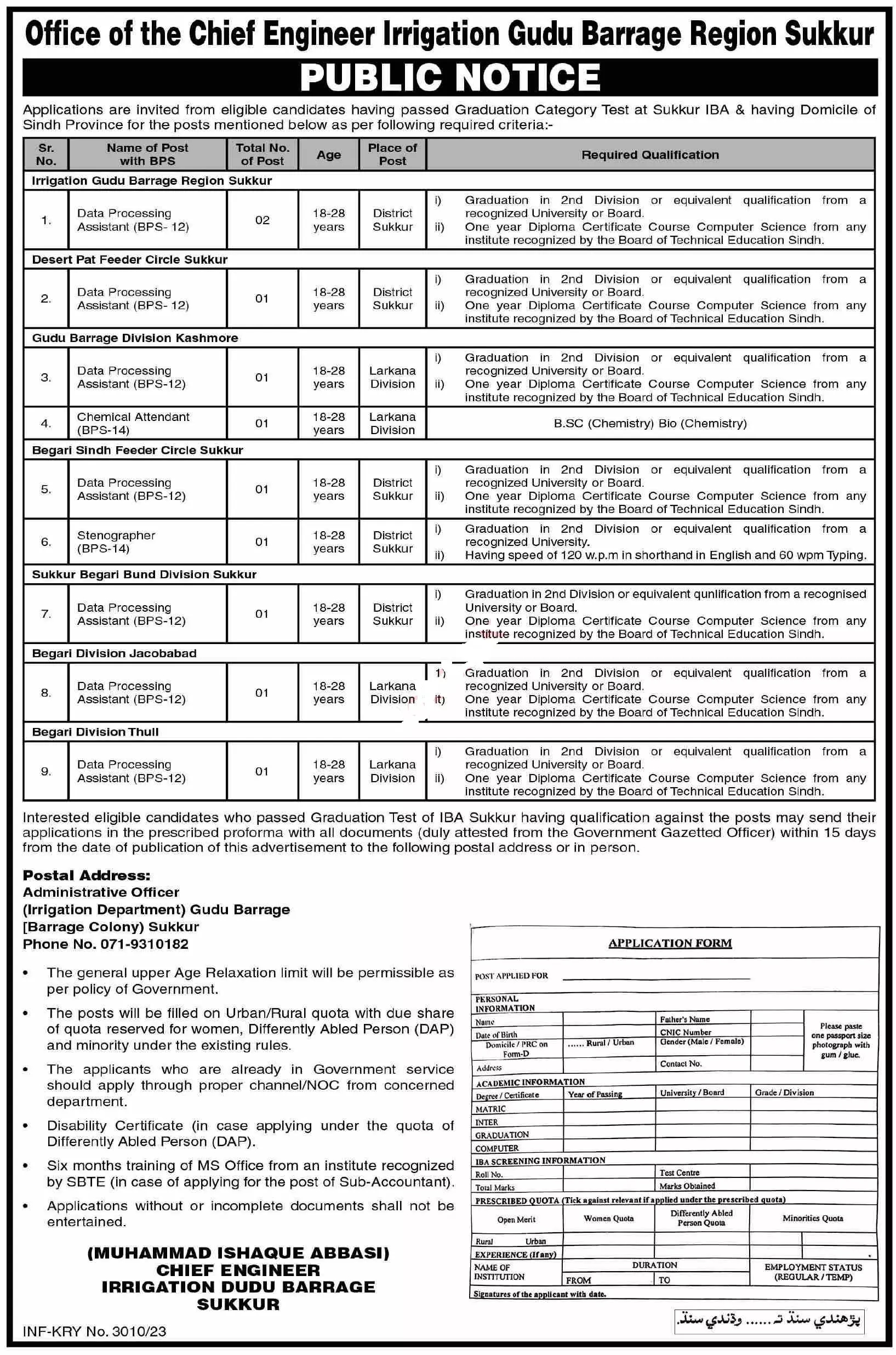 Chief Engineer Irrigation Gudu Barrage Region Sukkur Jobs – Irrigation Department Sindh Jobs 2023 — original advertisement