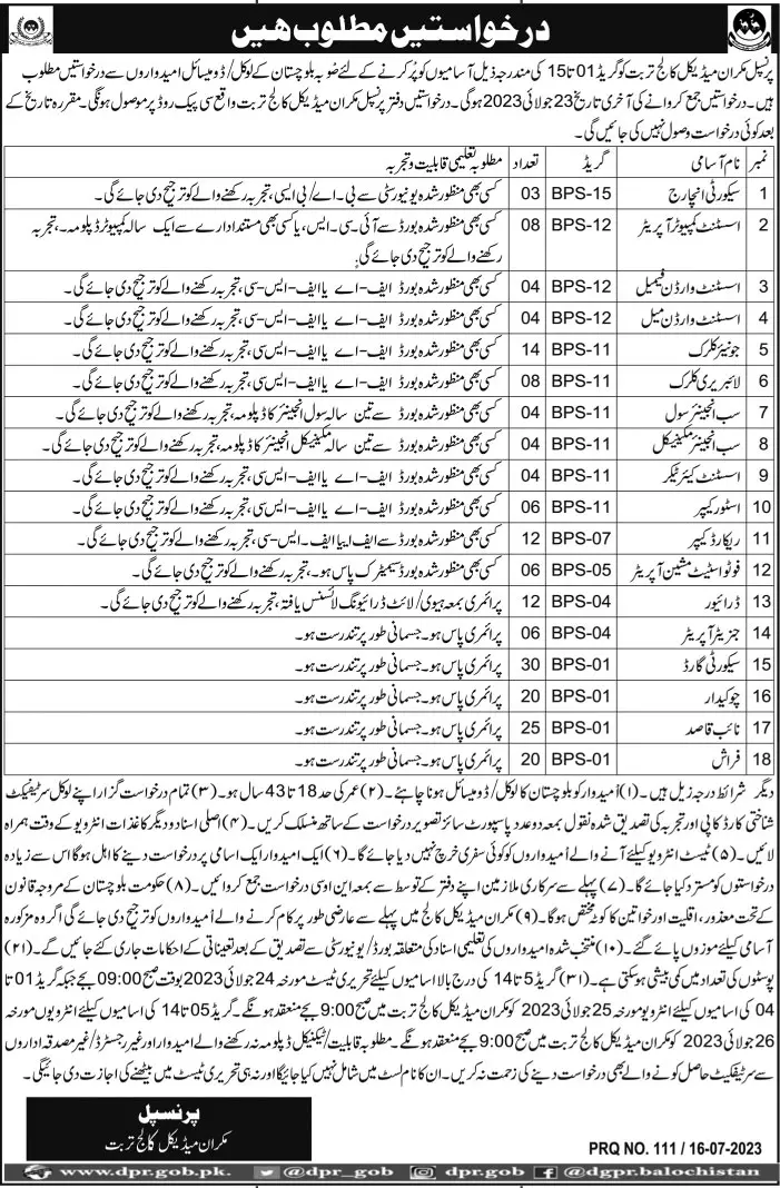 Makran Medical College Turbat Balochistan jobs 2023 Jobs 2023 — original advertisement