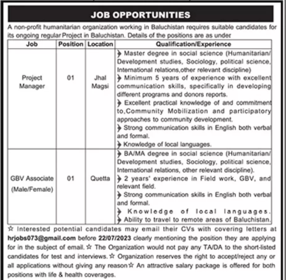 NGO Jobs quetta & Jhal Magni 2023 – Public Sector Organization Jobs 2023 — original advertisement