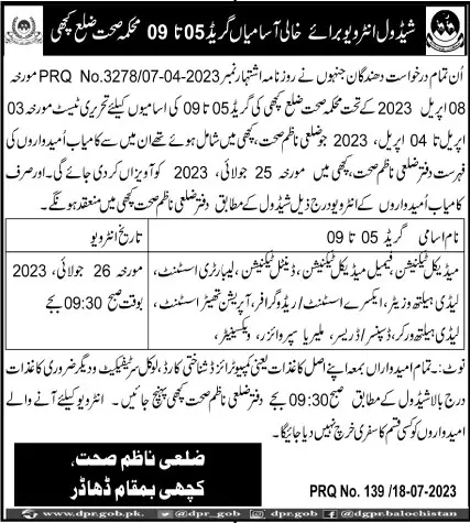 Health Department Kachi Balochistan Interview 2023 – Health Department Balochsitan Jobs 2023 — original advertisement