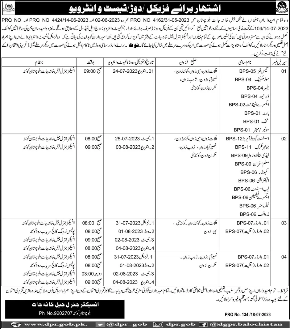 Prison Department Balochistan Physical Test Interview 2023 – Prisons Department Balochistan Jobs 2023 — original advertisement