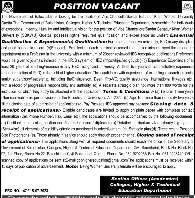 Sardar Bahadur Khan Women University SBKWU Jobs 2023 – Sardar Bahadur Khan Women's University Quetta Jobs 2023 — original advertisement