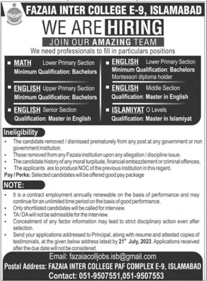 Fazaia Inter College Islamabad Jobs 2023 – Fazaia Schools & Colleges Jobs 2023 — original advertisement