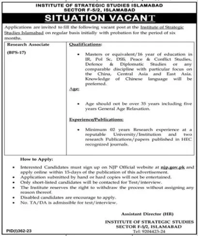 Institute of Strategic Studies Islambad Jobs 2023 – Institute of Strategic Studies Islamabad Jobs 2023 — original advertisement