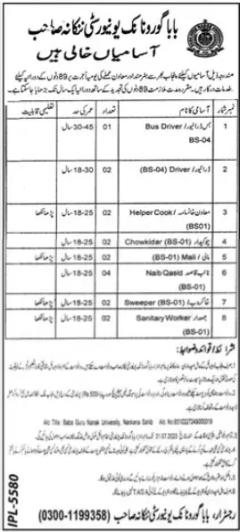 Baba Guru Nanak University Nankana Sahib Jobs 2023 Jobs 2023 — original advertisement