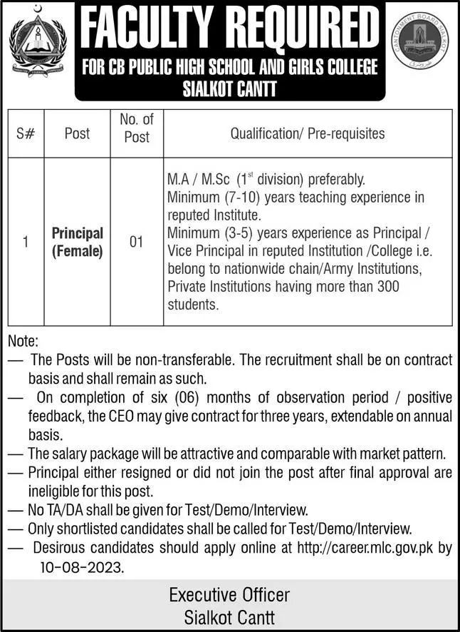 CB Public High School & Girls College Sialkot Jobs 2023 – Pakistan Army Jobs 2023 — original advertisement