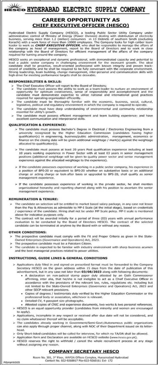 Hyderabad Electric Supply Company HESCO Jobs 2023 Jobs 2023 — original advertisement
