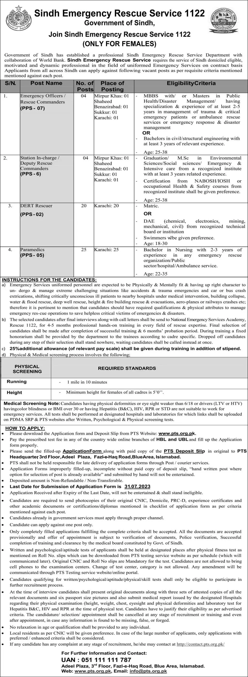 Sindh Emergency Rescue Service 1122 Karachi Jobs 2023 Jobs 2023 — original advertisement