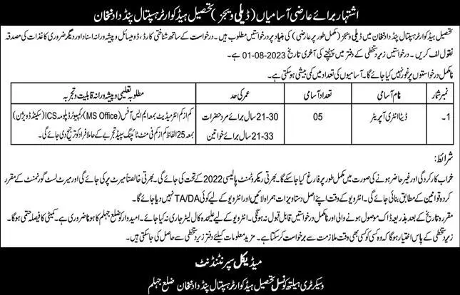 Tehsil Headquarter Hospital THQ Pind Dadan Khan Jobs Jobs 2023 — original advertisement