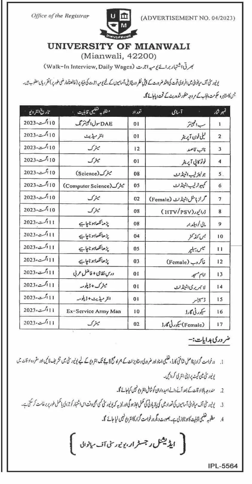 Walk In Interview For Jobs At University Of Mianwali 2023 Jobs 2023 — original advertisement