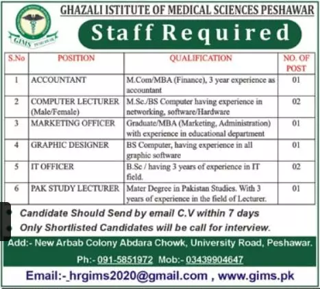 Ghazali Institute of Medical Sciences Peshawar Jobs – Ghazali Institute of Medical Sciences, Peshawar Jobs 2023 — original advertisement