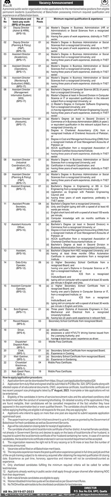 Provincial Public Sector Organization Balochistan Jobs 2023 Jobs 2023 — original advertisement