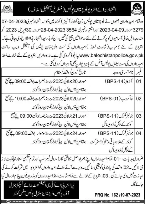 Balochistan Police Interview Schedule 2023 – Balochistan Police Department Jobs 2023 — original advertisement