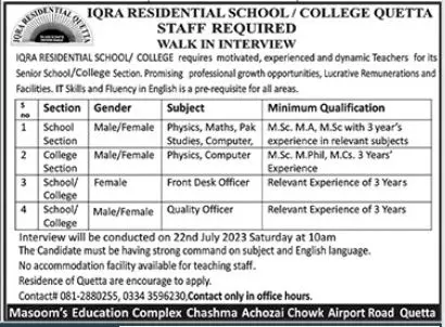 Iqra Residential School and College Quetta Jobs 2023 – Iqra Residential School & College Quetta Jobs 2023 — original advertisement