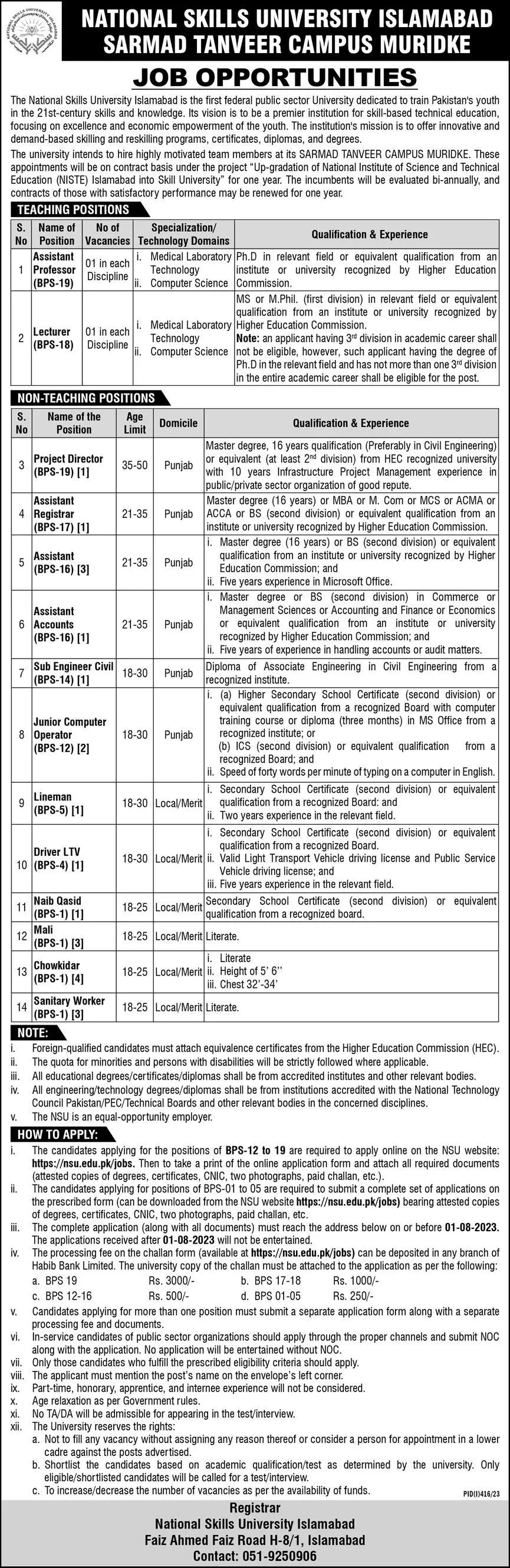 National Skills University NSU Islamabad Jobs 2023 – National Skills University Islamabad Jobs 2023 — original advertisement