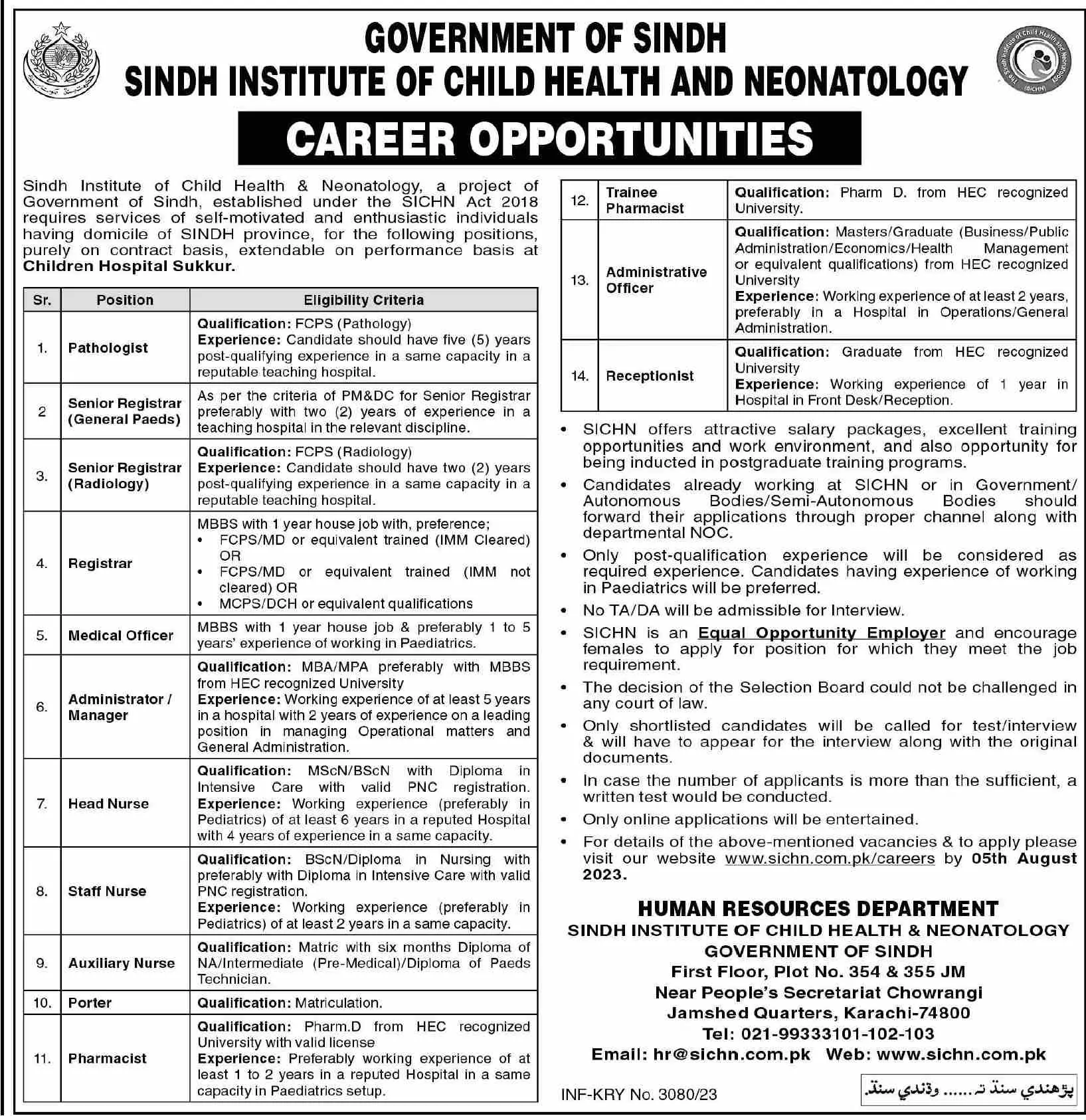 Sindh Institute of Child Health & Neonatology SICHN Jobs – Sindh Institute of Child Health and Neonatology Jobs 2023 — original advertisement
