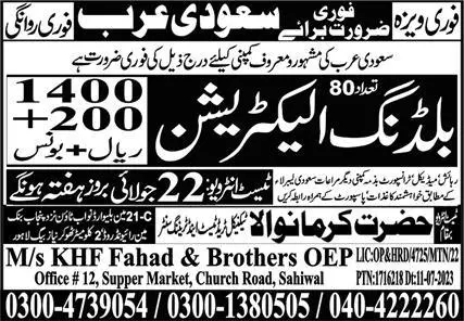 Building Electrician Jobs Open In Saudi Arabia 2023 – Hazrat Karmanwala Technical Trade Test & Training Center Jobs 2023 — original advertisement