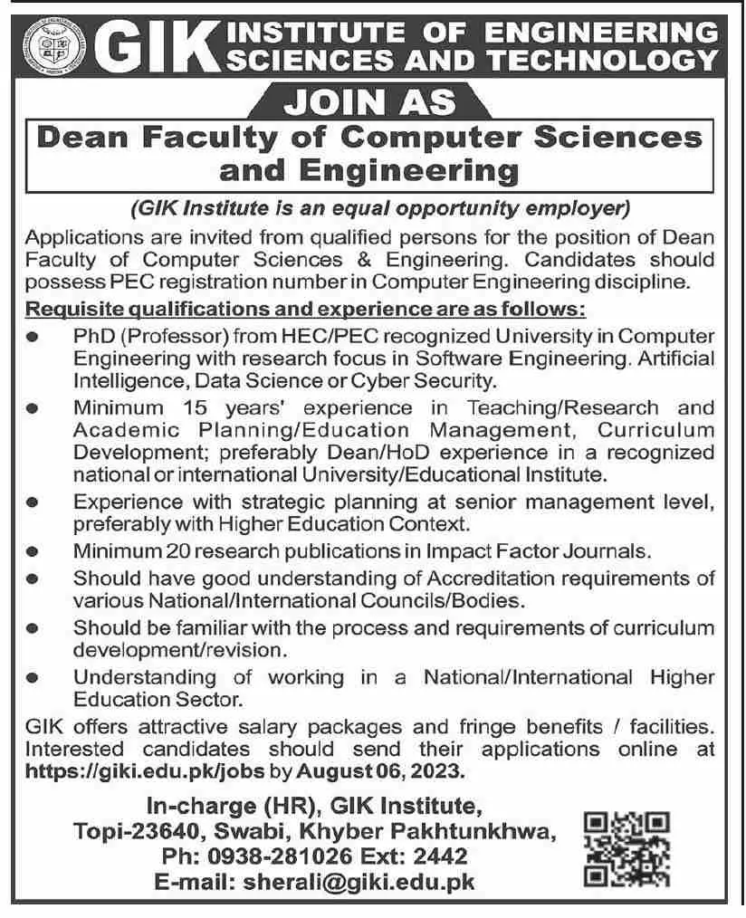 GIK Institute of Engineering Sciences & Technology Swabi Job – Ghulam Ishaq Khan GIK Institute of Engineering Sciences and Technology Swabi Jobs 2023 — original advertisement