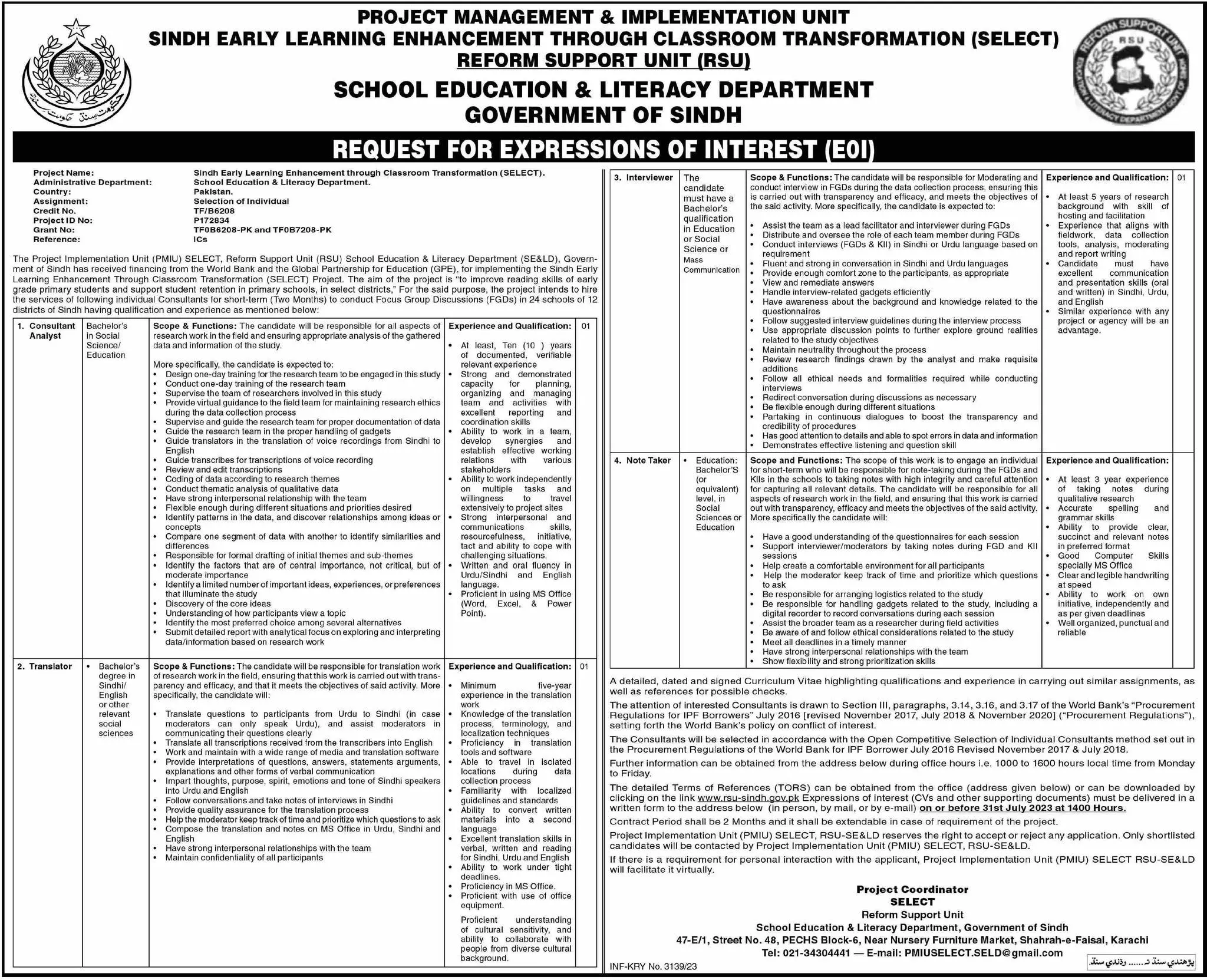 School Education & Literacy Department Karachi Jobs 2023 – School Education & Literacy Department Sindh Jobs 2023 — original advertisement