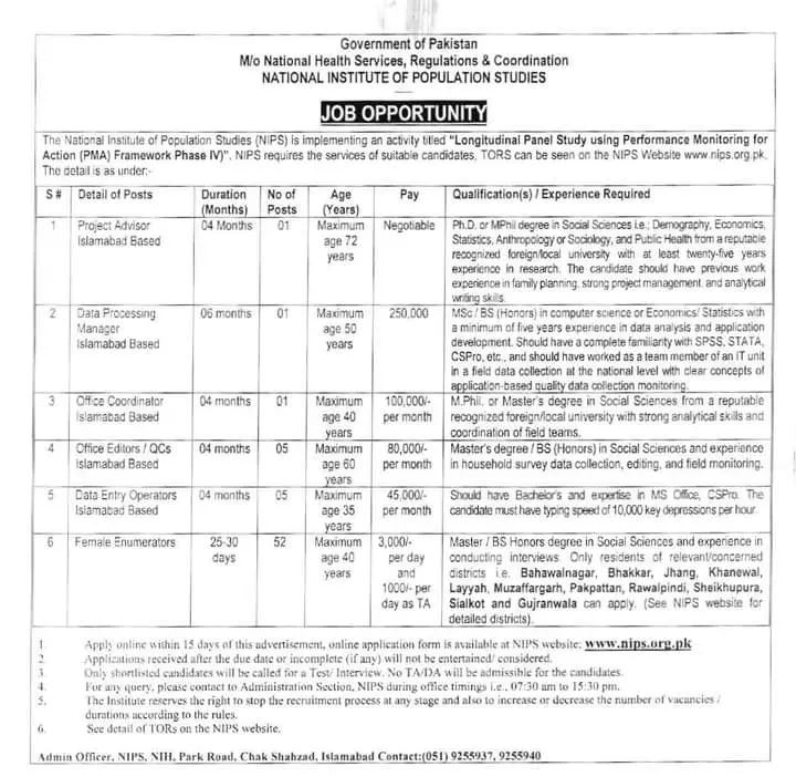 National Institute of Population Studies Islamabad Jobs 2023 – Ministry of National Health Services Regulation and Coordination Jobs 2023 — original advertisement