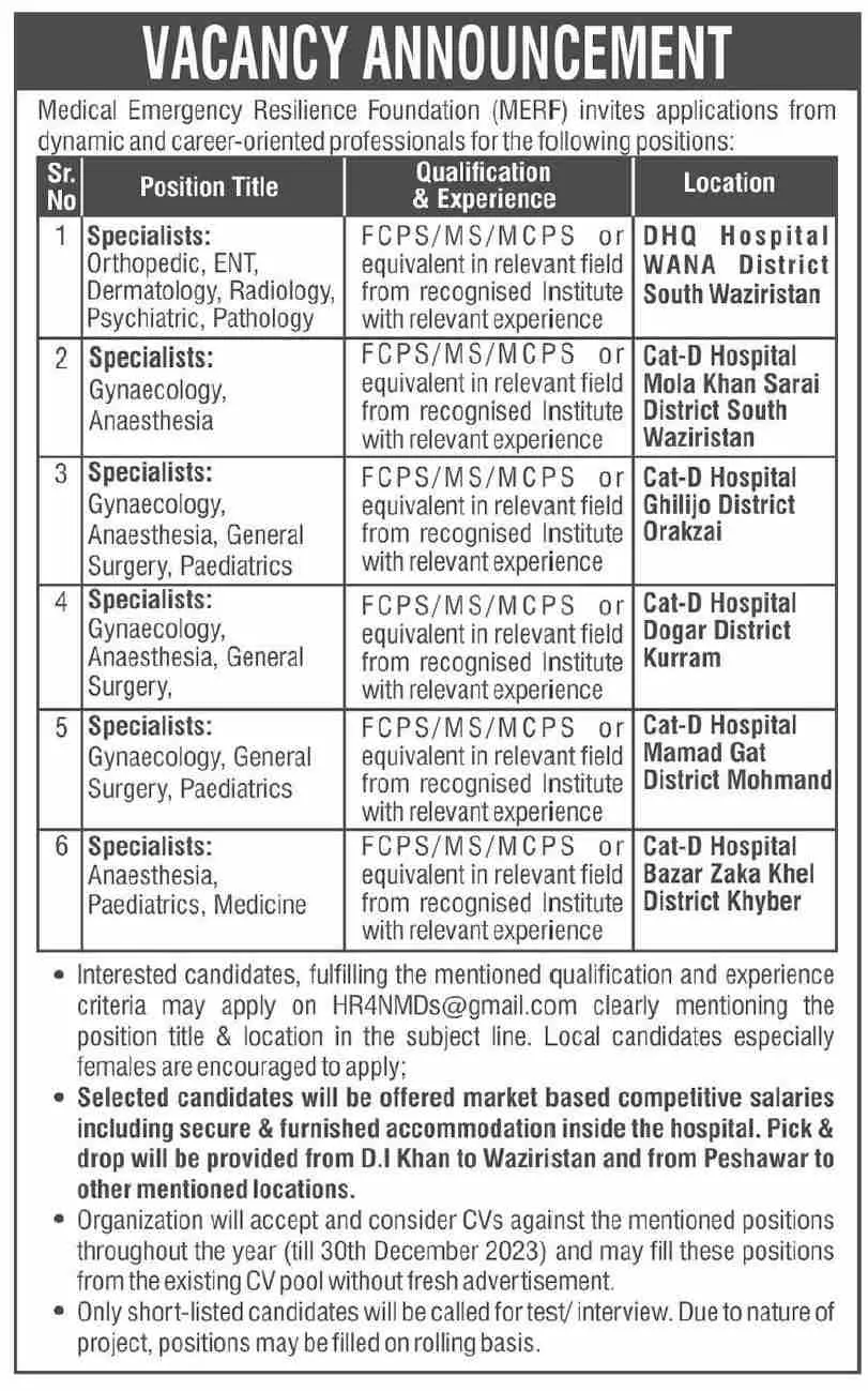 MERF Medical Emergency Resilience Foundation Jobs 2023 – Medical Emergency Resilience Foundation (MERF) Pakistan Jobs 2023 — original advertisement