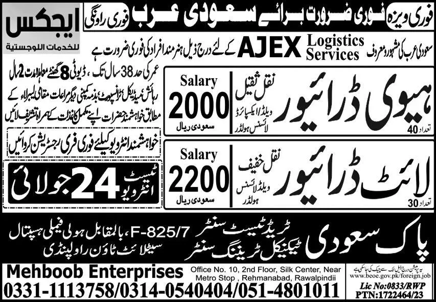 Light Driver & Heavy Driver Jobs 2023 In Saudi Arabia – Pak Saudi Trade Test & Technical Training Center Jobs 2023 — original advertisement