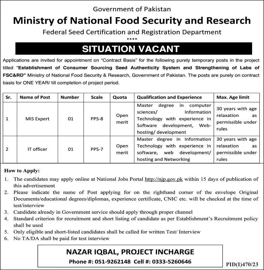 Ministry Of National Food Security & Research MNFSR Jobs Jobs 2023 — original advertisement