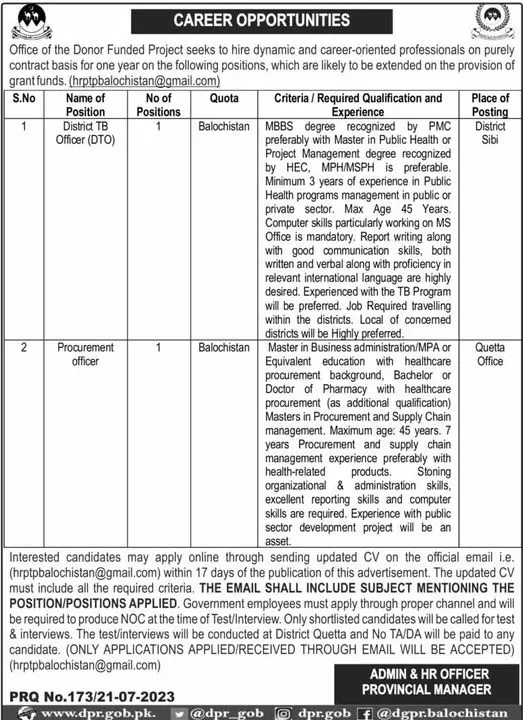 Donor funded Project Quetta Balochistan Jobs 2023 – Public Sector Organization Jobs 2023 — original advertisement