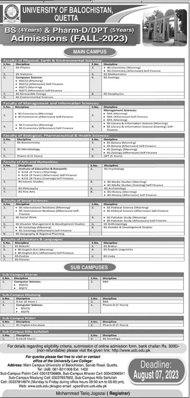 University of Balochistan Quetta Admissions 2023 Admissions 2023 — original advertisement