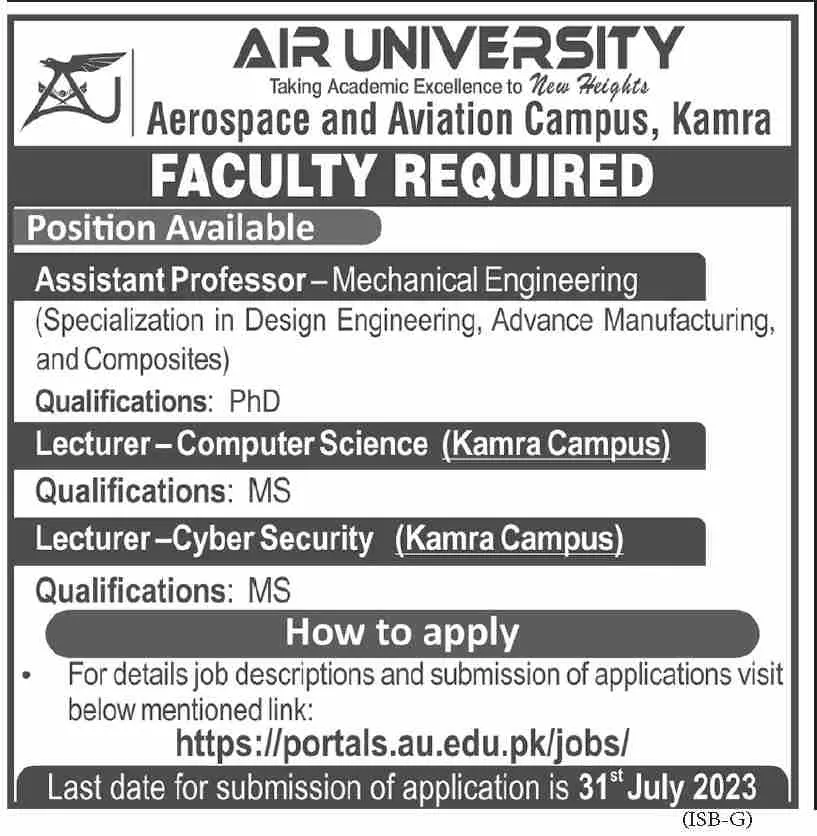 Air University Faculty Staff Karachi Jobs 2023 – Air University Multan Campus Jobs 2023 — original advertisement