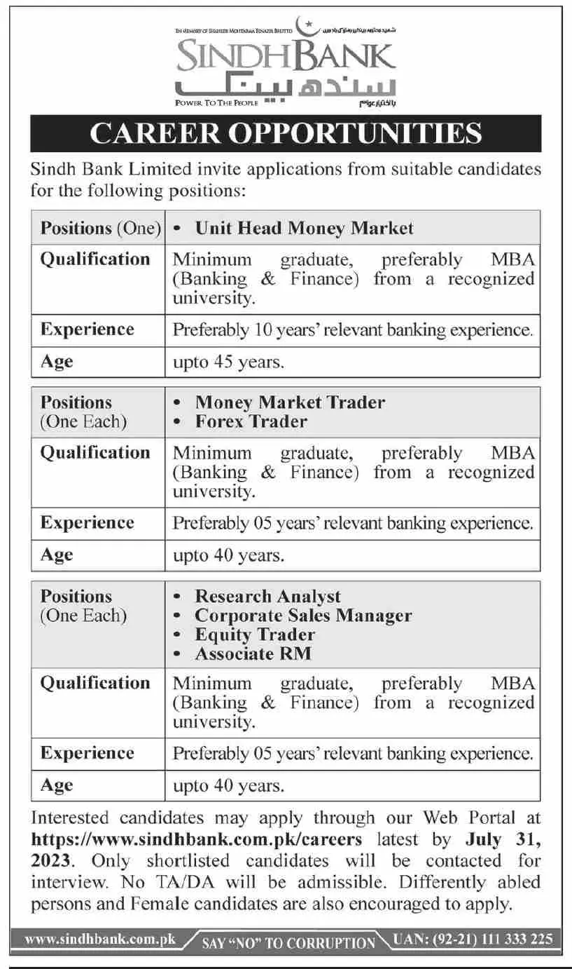 Sindh Bank Limited Karachi Jobs 2023 Jobs 2023 — original advertisement