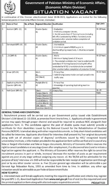 Ministry Of Economic Affairs Islamabad Federal Jobs 2023 Jobs 2023 — original advertisement