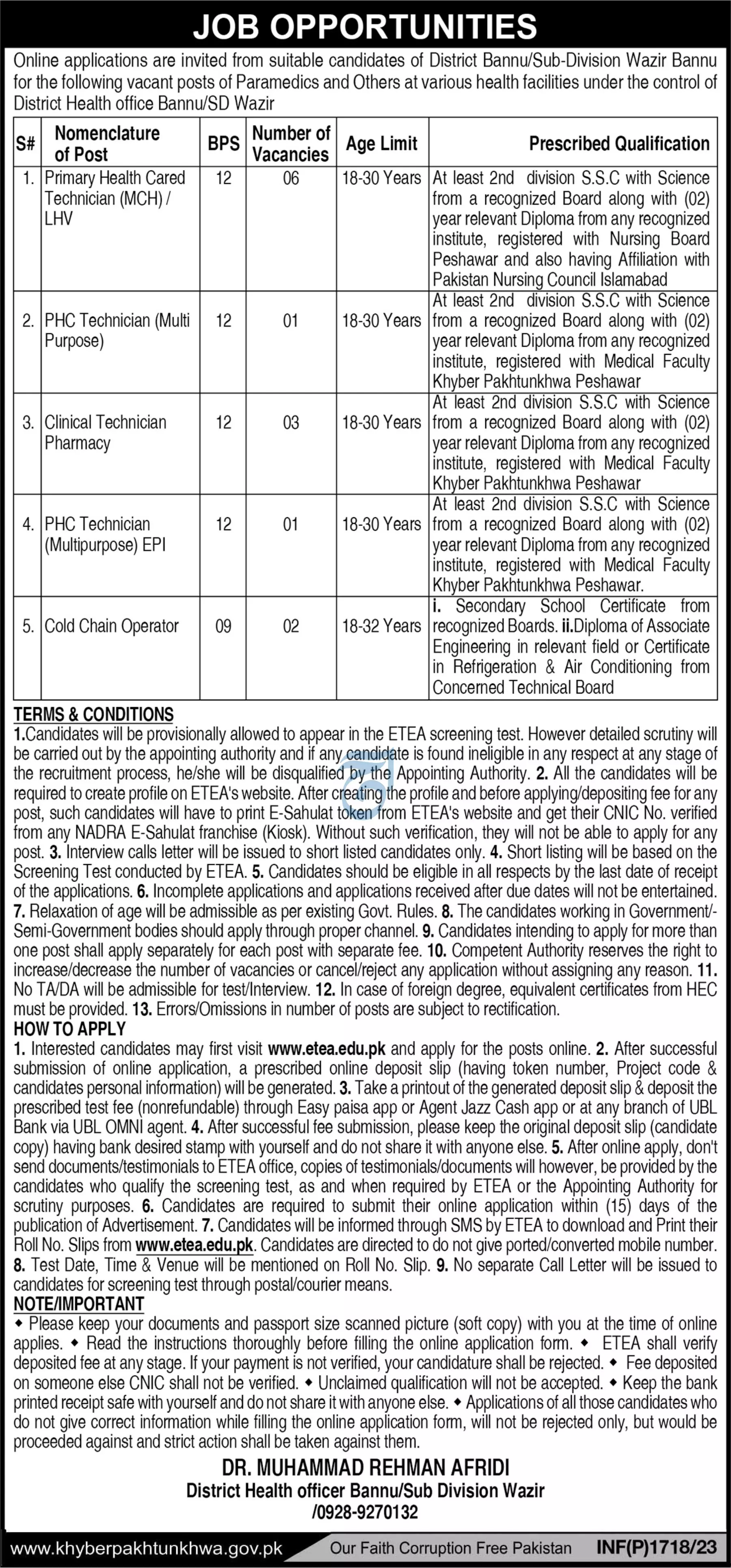 Health Department Bannu khyber Pakhtunkhwa Jobs 2023 – Health Department KPK Jobs 2023 — original advertisement