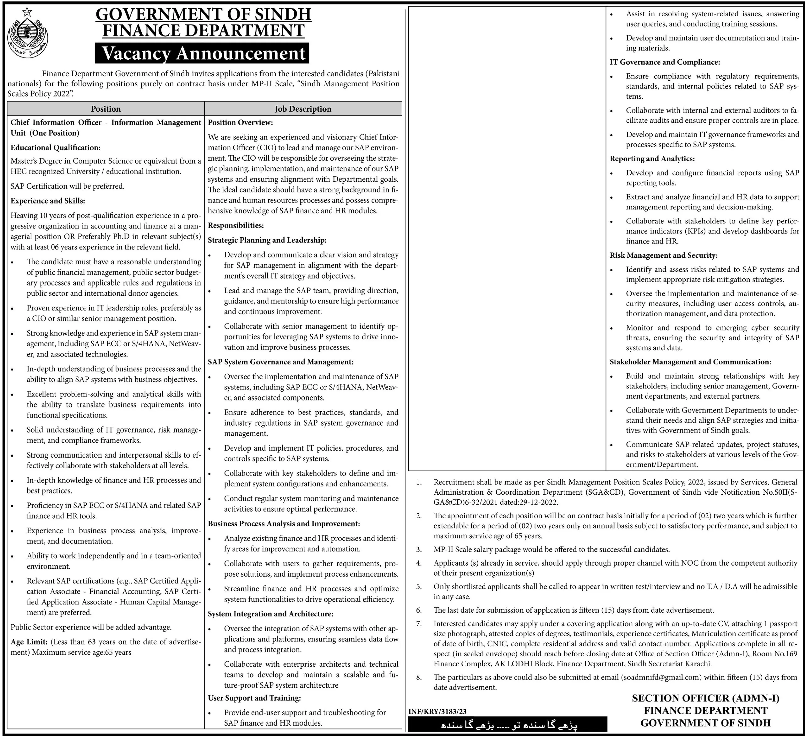Finance Department Government Of Sindh Jobs 2023 – Finance Department Govt of Sindh Jobs 2023 — original advertisement