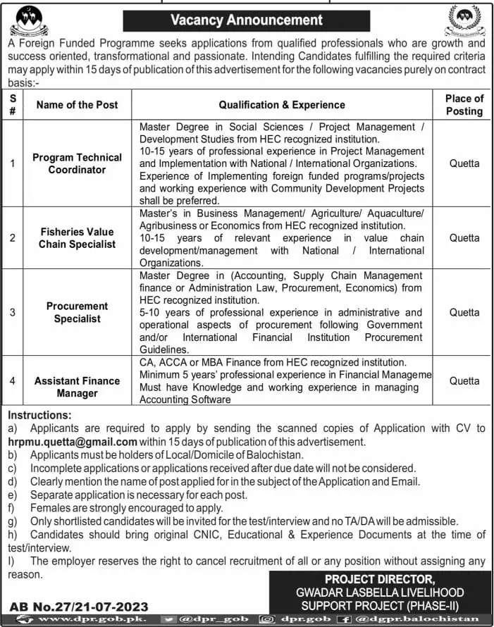 Gwadar Lasbela Livelihood Support Project Quetta Jobs 2023 Jobs 2023 — original advertisement
