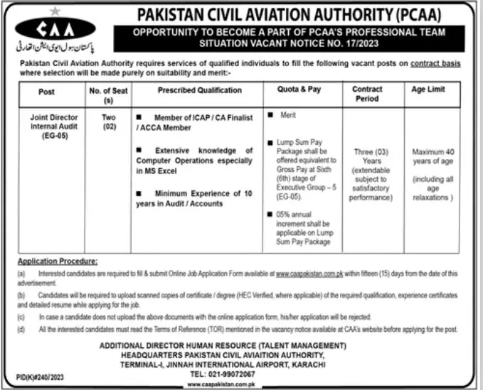 Pakistan Civil Aviation Authority PCAA Karachi Jobs 2023 – Pakistan Civil Aviation Authority (CAA) Jobs 2023 — original advertisement