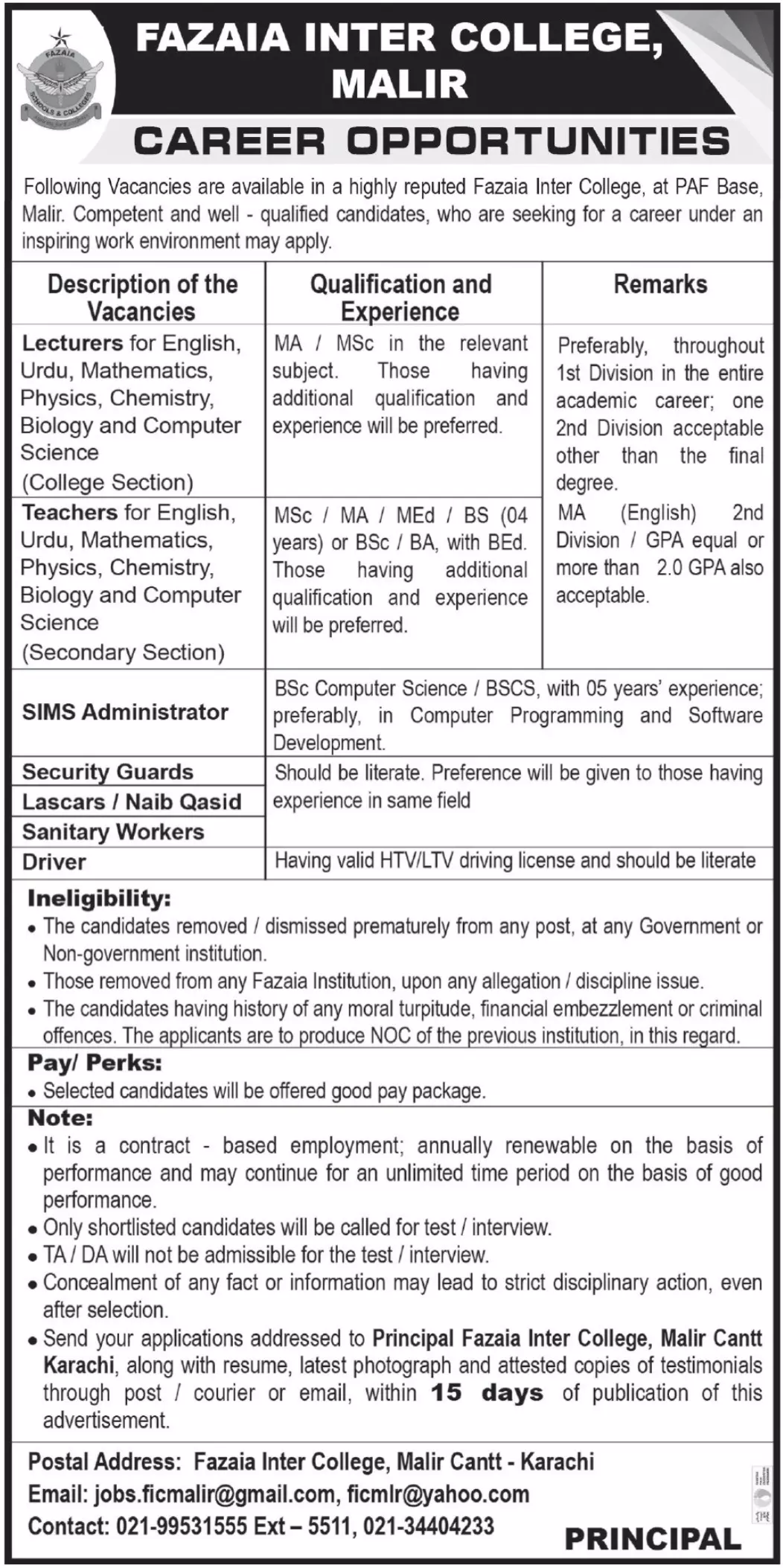 Fazaia Inter College Malir Karachi Jobs 2023 – Fazaia Schools & Colleges Jobs 2023 — original advertisement