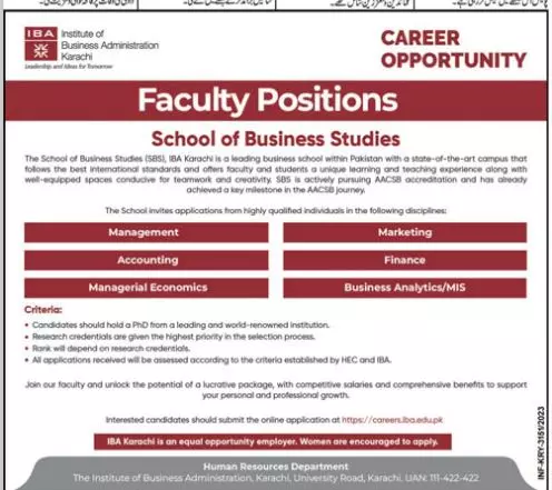 IBA Karachi School Of Business Studies Karachi Jobs 2023 Jobs 2023 — original advertisement