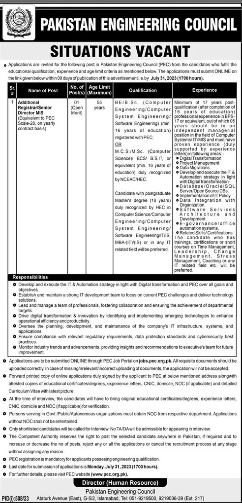 Pakistan Engineering Council PEC Islamabad Jobs 2023 – Pakistan Engineering Council (PEC) Jobs 2023 — original advertisement