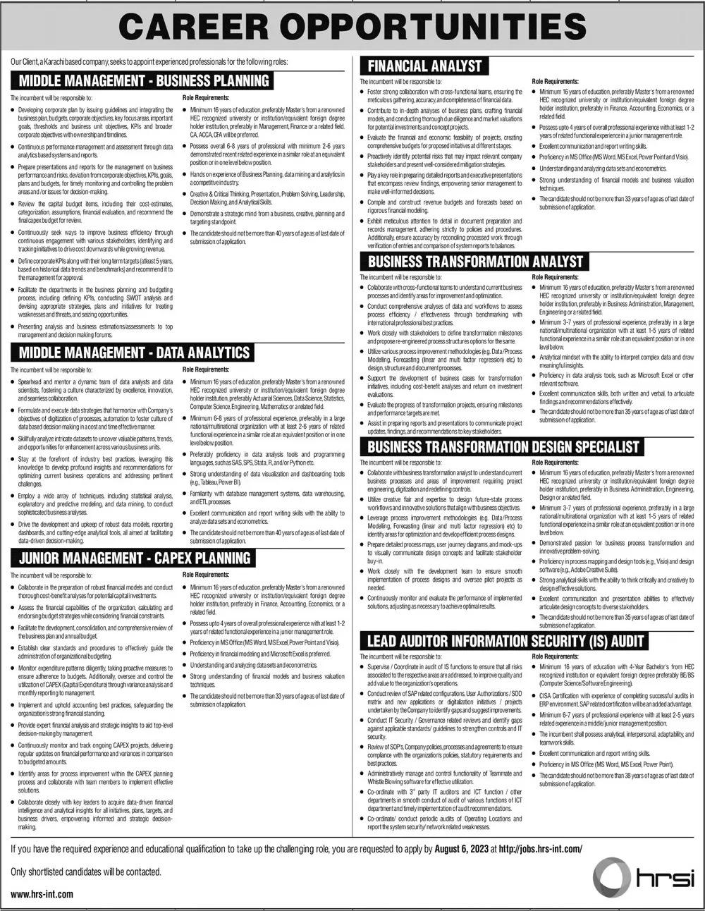 HRSI Company Jobs 2023 In Karachi sindh – Private Company Jobs 2023 — original advertisement
