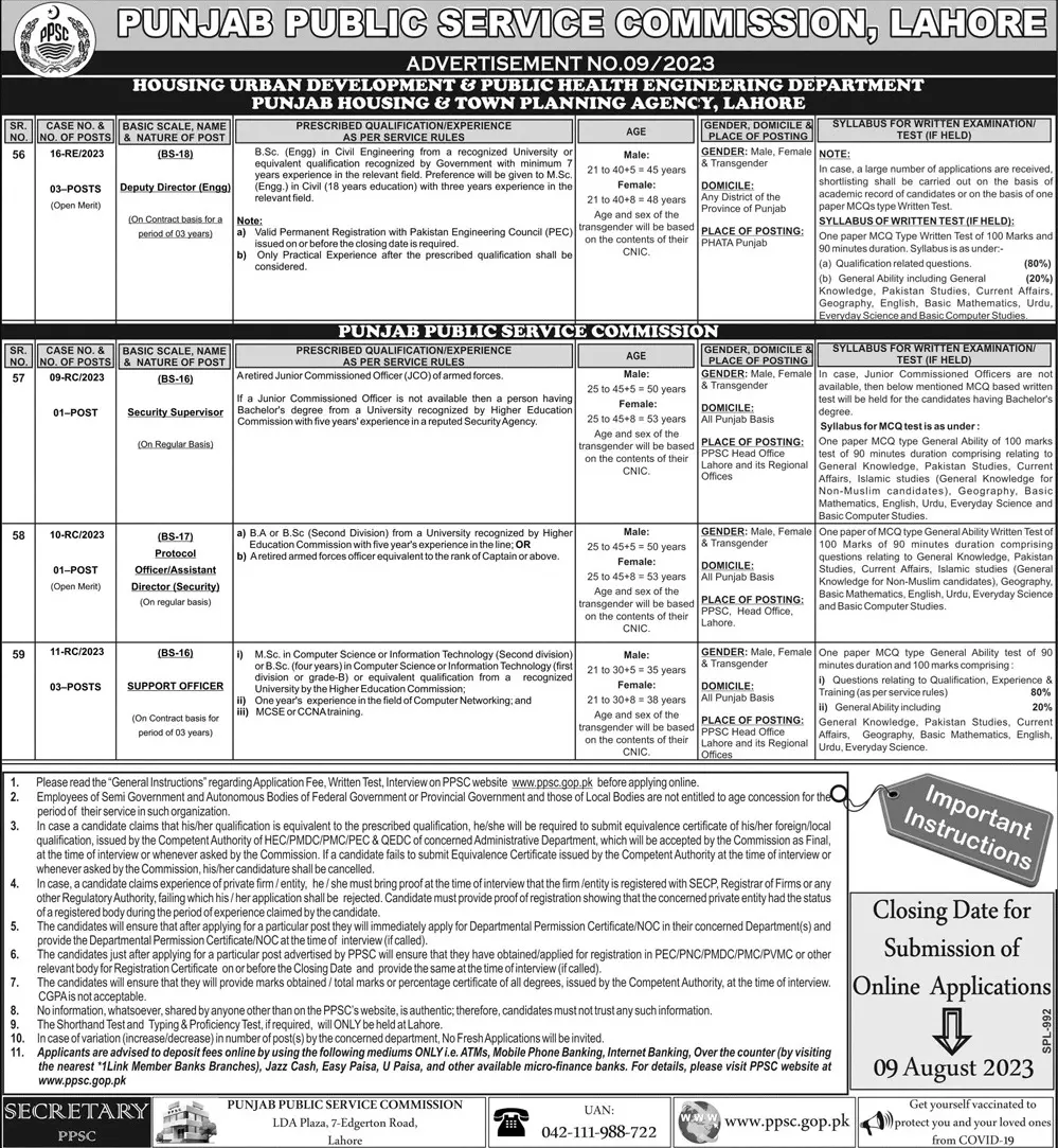Punjab Public Service Commission PPSC Lahore 09/2023 – Punjab Public Service Commission Lahore Jobs 2023 — original advertisement