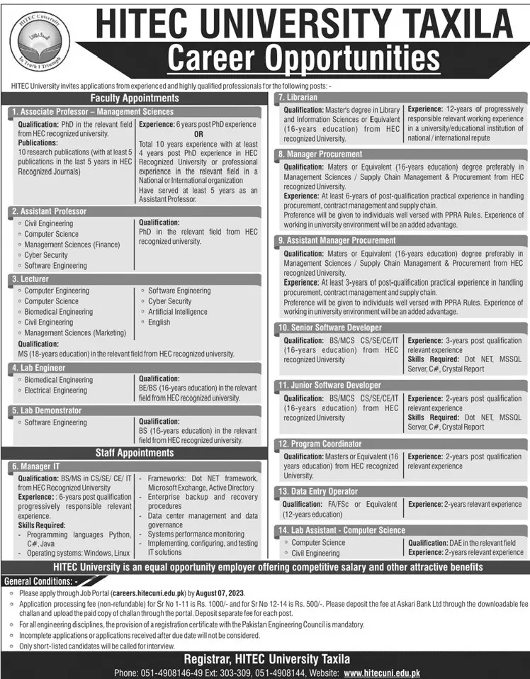 HITEC University Taxila Punjab Jobs 2023 Jobs 2023 — original advertisement