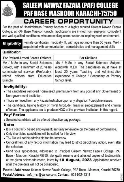 Saleema Nawaz Fazaia PAF College Headmistress Jobs 2023 – Pakistan Air Force Jobs 2023 — original advertisement