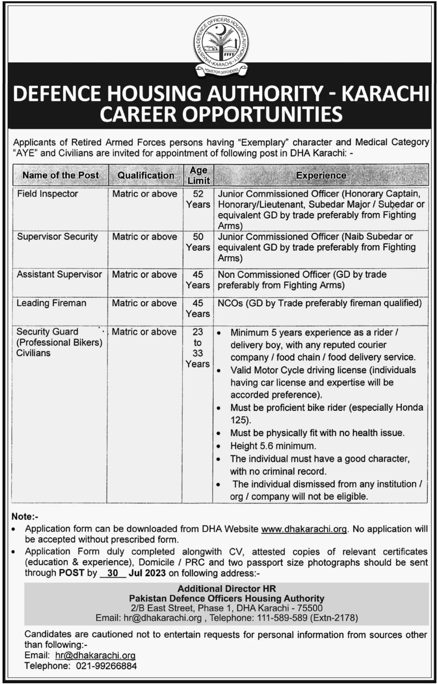 Defence Housing Authority DHA Karachi Jobs 2023 Jobs 2023 — original advertisement