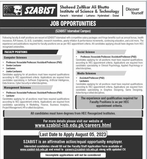 Shaheed Zulfiqar Ali Bhutto Institute of Technology Jobs Jobs 2023 — original advertisement
