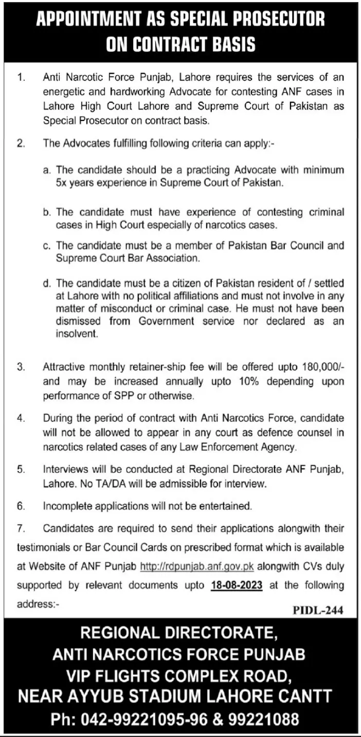 Anti Narcotics Force ANF Lahore Punjab Jobs 2023 – Anti Narcotics Force Pakistan Jobs 2023 — original advertisement