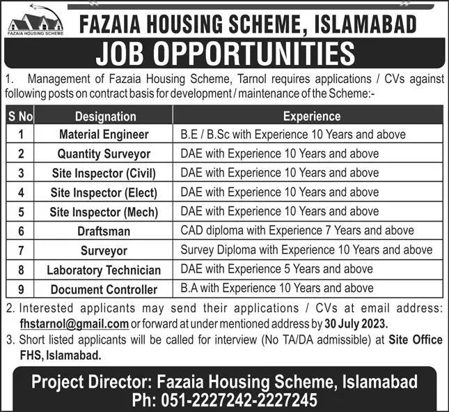 Fazaia Housing Scheme Engineering Islamabad Jobs 2023 – Fazaia Housing Scheme Aviation City Kamra Jobs 2023 — original advertisement