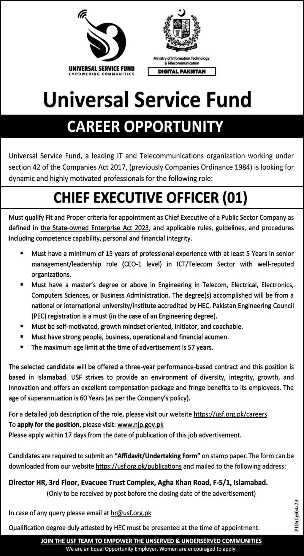 Universal Service Fund Chief Executive Officer Jobs 2023 Jobs 2023 — original advertisement